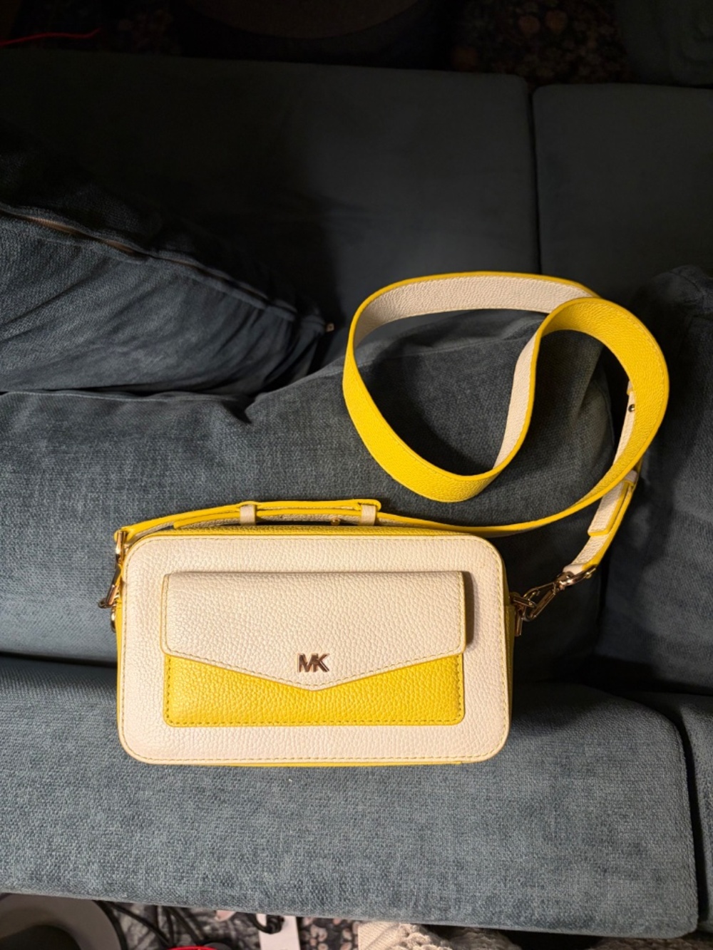 Michael Kors small two-tone pebbled leather camera bag yellow white